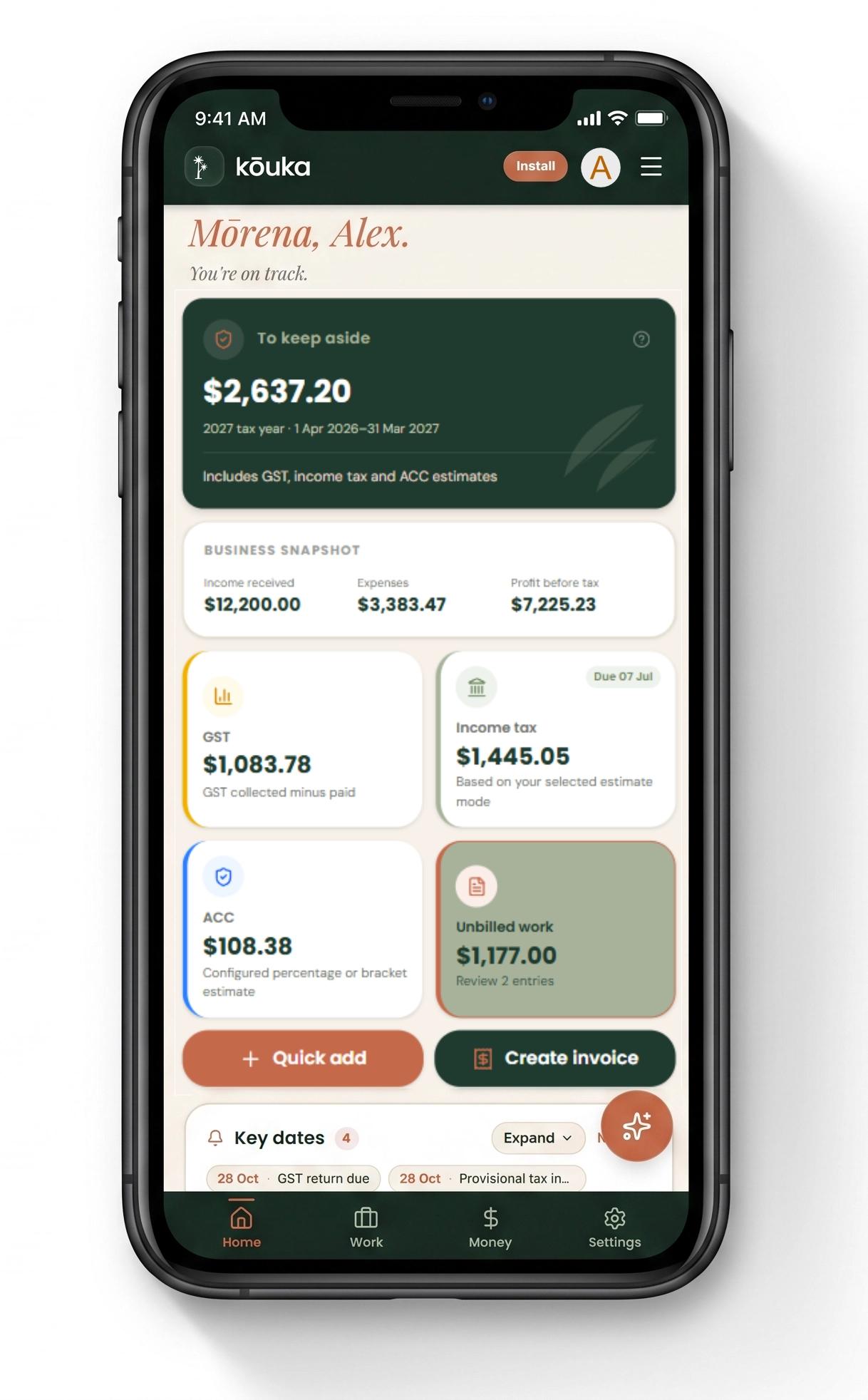 Kōuka mobile dashboard showing tax, GST and ACC estimates, unbilled work and key dates